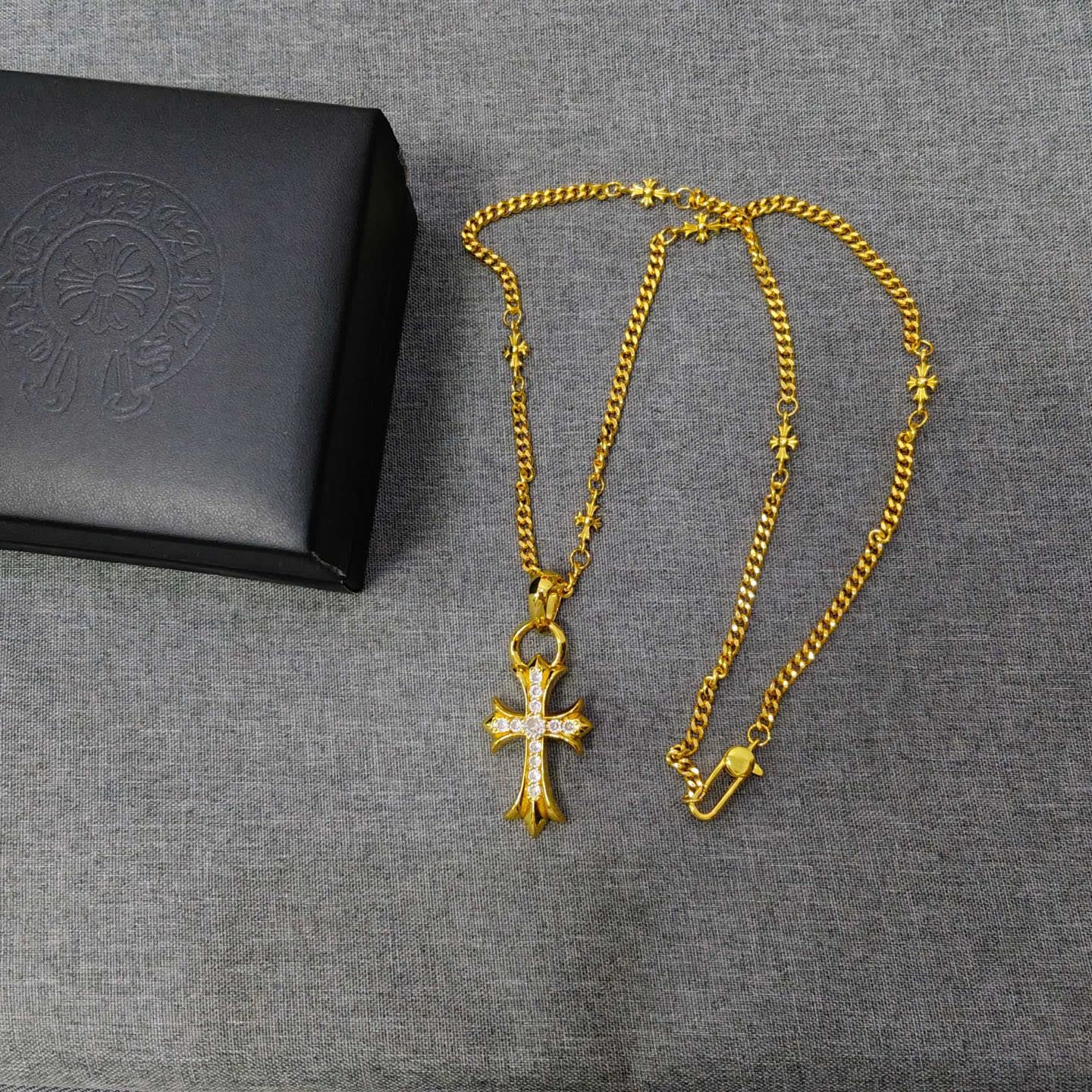 Chrome Hearts Gold Cross Pendant with Rhinestones